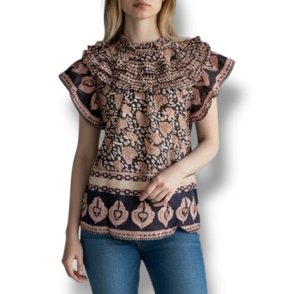 Sea New York Size M L Floral Ruffle Neck 100% Cotton Short Sleeve Blouse Top - Picture 1 of 7